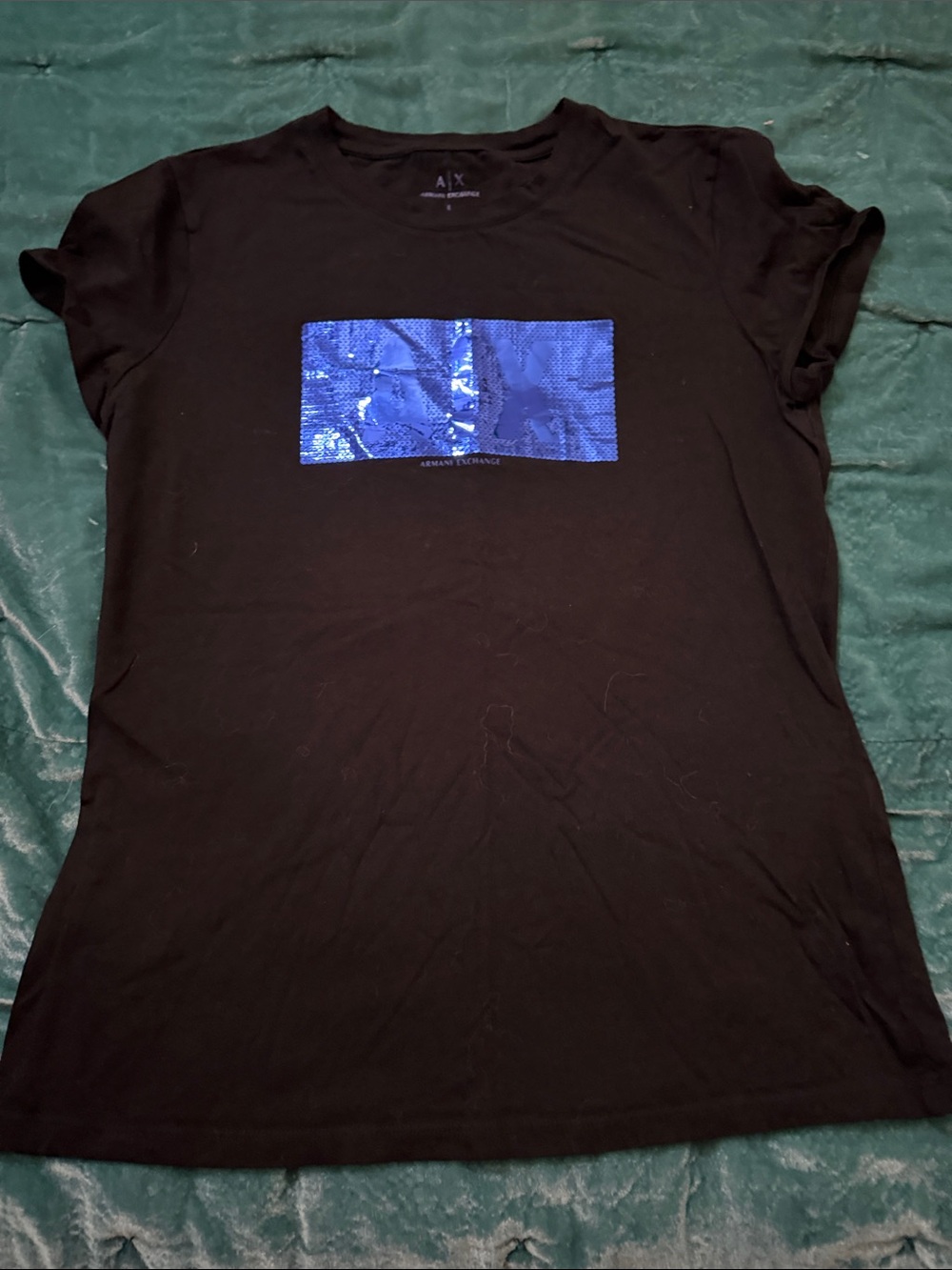 Armani Exchange Black Baby Tee with Blue Sequin Panel size L